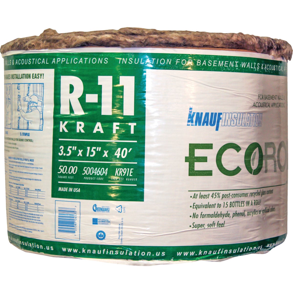 Knauf R 11 15 In. x 40 Ft. Greenguard Kraft Faced Roll Fiberglass